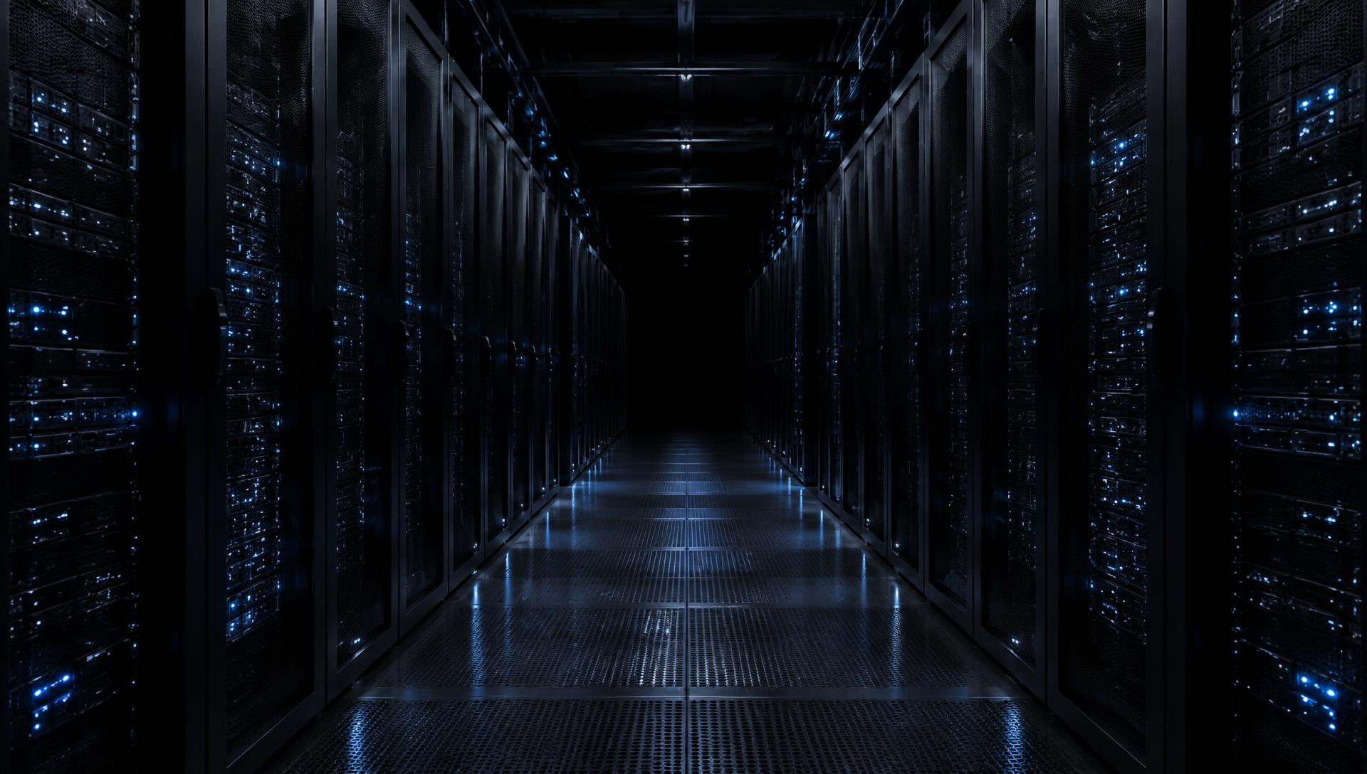 Dark data center aisle with server racks